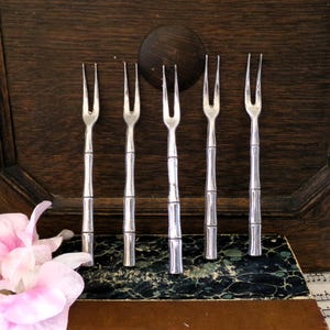Set of Five Vintage Silver Plated Bamboo Style Handled Hors d&#39;oeuvres Forks Cocktail Forks Flatware Tableware