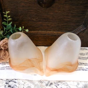 A Pair of 2 Vintage Glass Tulip Art Deco Lightshades Handmade Shades Off White and Amber Frosted Glass Home Decor Lighting