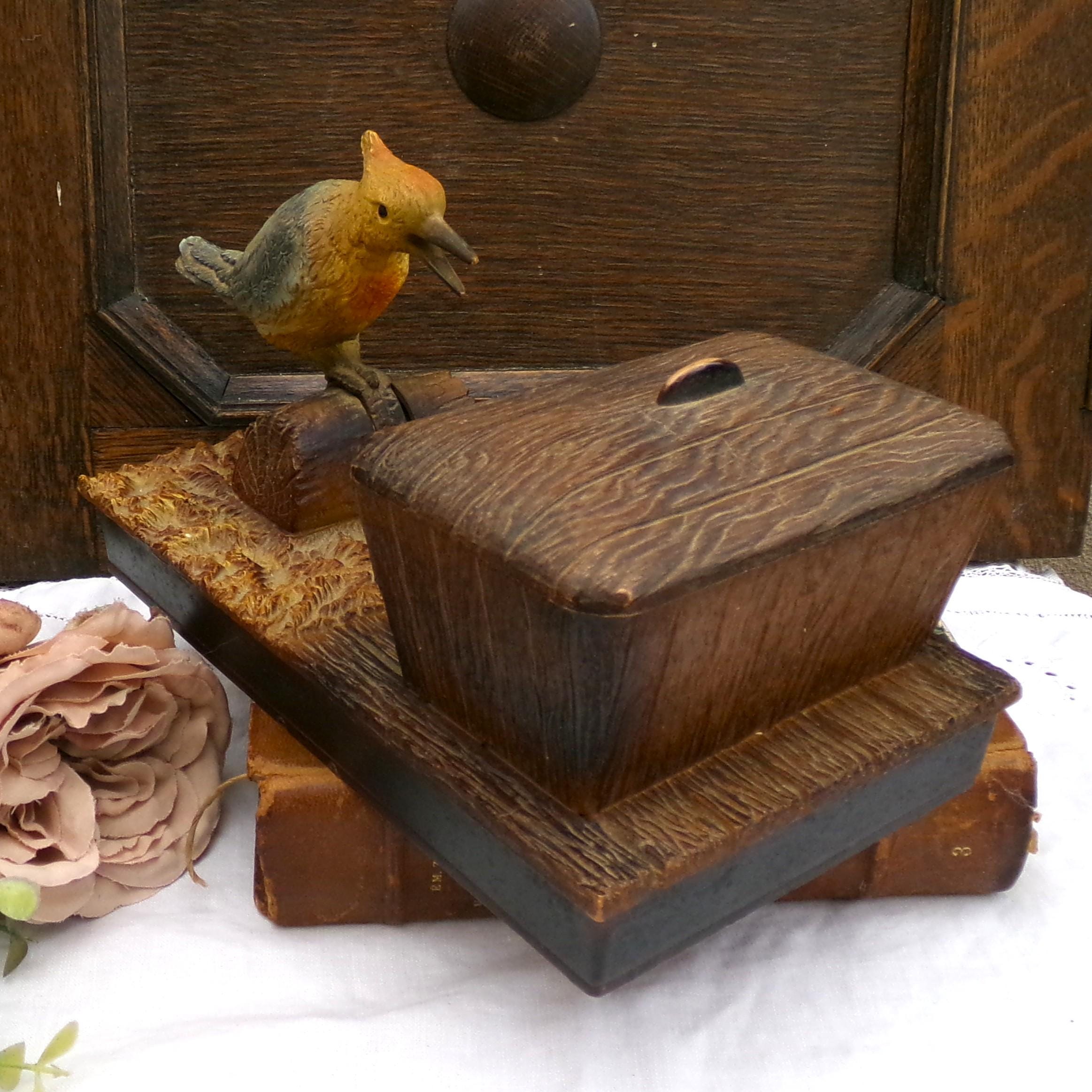 wooden cigarette box with bird Vintage Novelty Mid Century Mechanical Cigarette Dispenser Woodpecker and  Wooden Effect Box
