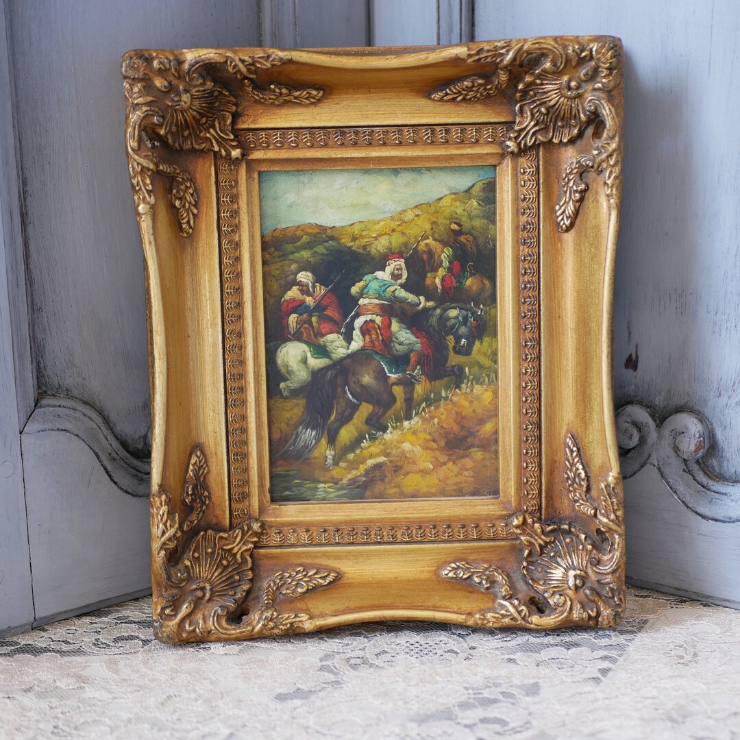 Oil on Wood Painting Middle Eastern Horsemen Antique Gold Gilt Frame