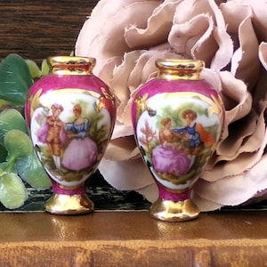 Miniature Vintage Limoges Porcelain Vases Fragonard Courting Couple Burgundy and Gold Collectable Pair of French Porcelain Vases