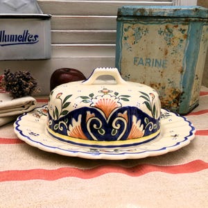 Vintage French Rouen Pottery Camembert Dish French Cheese Dome Butter Dish Decorative and Collectable Faience in French Country Style