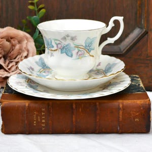 Royal Kent Trentside Vintage Tea Trio - Cup, Saucer and Tea Plate Pale Blue Floral Decoration