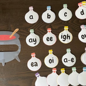 Pode incluir: Um caldeirão vermelho com uma colher de pau, rodeado por garrafas de poção coloridas com diferentes combinações de letras, incluindo 'ay', 'ee', 'igh', 'ow', 'oi', 'ea', 'a-e' e 'i-e'.