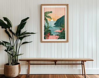 Väggkonst med tryck av tropisk palmettoträd, kustnära solnedgång och soluppgång, estetisk poster med rosa havspalmer, orange vardagsrumsdekor