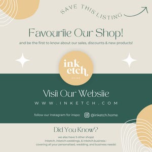 May include: A promotional graphic with text that reads "Favourite Our Shop!" and "Visit Our Website". The graphic includes the website address and Instagram handle. The logo for "ink etch home" is also featured.