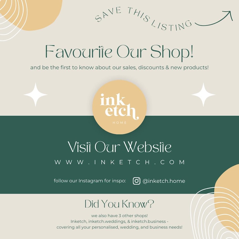 May include: A promotional graphic with text that reads "Favourite Our Shop!" and "Visit Our Website". The graphic includes the website address and Instagram handle. The logo for "ink etch home" is also featured.