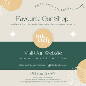 May include: A promotional graphic with text that reads "Favourite Our Shop!" and "Visit Our Website". The graphic includes the website address and Instagram handle. The logo for "ink etch home" is also featured.