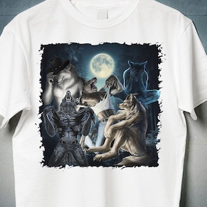 May include: White t-shirt featuring a graphic of werewolves under a full moon. The design includes various werewolf figures in different poses. The shirt is hanging on a wooden hanger against a dark blue background. The text "PRINT Waave" is at the bottom.