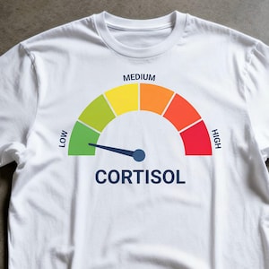 Könnte beinhalten: Weißes T-Shirt mit einer Grafik einer Cortisol-Pegelanzeige. Die Anzeige zeigt Pegel von grün (niedrig) bis rot (hoch) an, mit dem Wort "CORTISOL" in Marineblau darunter. Das T-Shirt besteht aus einem weichen, leichten Stoff.
