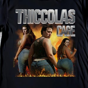 Koszulka z zabawnym memem Thiccolas Cage, koszulka z niesfornym, nieodpowiednim miłośnikiem filmów, absurdalna, żenująca koszulka, koszulki z żartem na wymianę prezentów