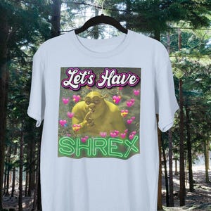 May include: A light blue t-shirt with a green ogre character with the text "Let's Have Shrek" in pink and green letters.
