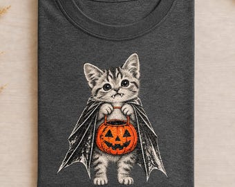 Vampire Kitten Halloween Shirt, Cute Spooky Cat Tee with Pumpkin Trick or Treat Bucket