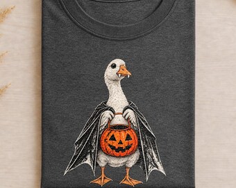 Vampire Goose Halloween Shirt, Cute Spooky Silly Goose Tee with Pumpkin Trick or Treat Bucket