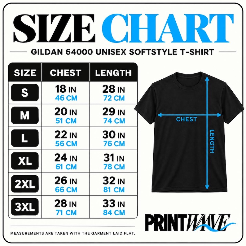 May include: A size chart for a Gildan 64000 unisex softstyle t-shirt. The chart displays sizes S through 3XL with corresponding chest and length measurements in inches. A black t-shirt graphic shows where to measure chest and length.