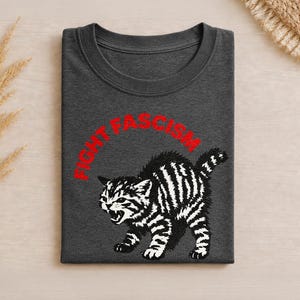 May include: A dark charcoal gray t-shirt featuring a graphic of a hissing, arched-back tabby kitten in black and white. Above the kitten, the text FIGHT FASCISM is printed in a bold, red, sans-serif font, following a slight upward curve.