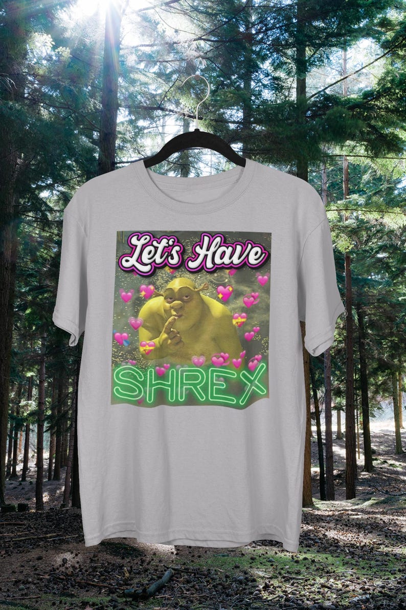 May include: A gray t-shirt with a green Shrek character graphic and the text "Let's Have Shrek" in pink and green letters.
