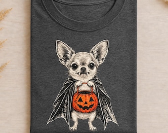 Vampire Chihuahua Halloween Shirt, Cute Spooky Dog Tee with Pumpkin Trick or Treat Bucket