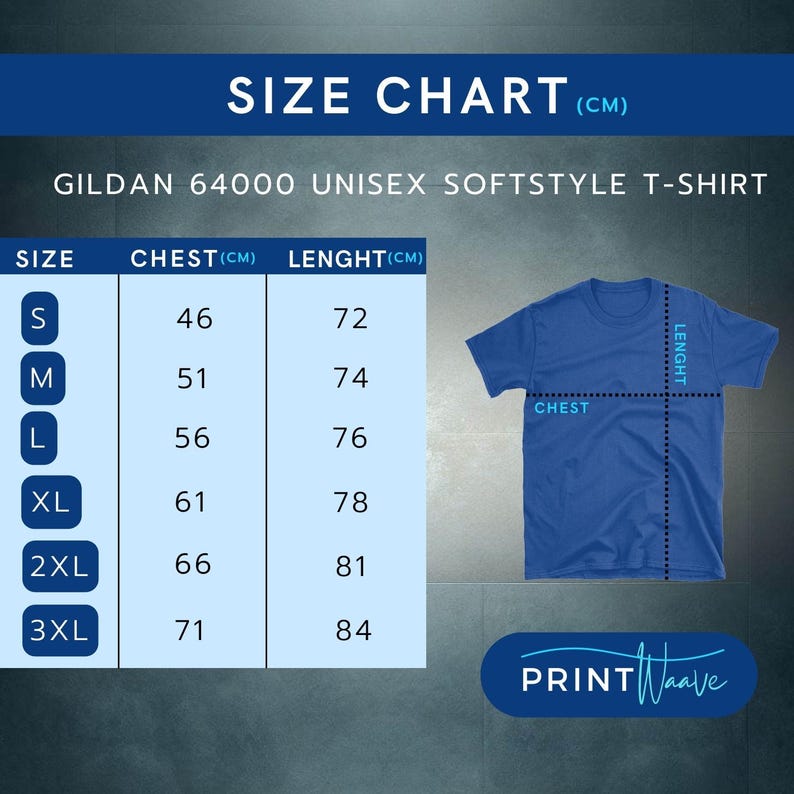 May include: Size chart for Gildan 64000 Unisex Softstyle T-Shirt. The chart shows chest and length measurements in centimeters for sizes S, M, L, XL, 2XL, and 3XL.