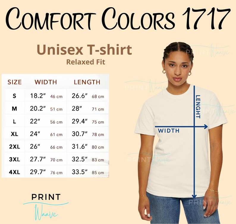 Puede incluir: Tabla de tallas para una camiseta unisex de corte holgado. La tabla muestra el ancho y la longitud de la camiseta en pulgadas y cent&iacute;metros para las tallas S a 4XL.