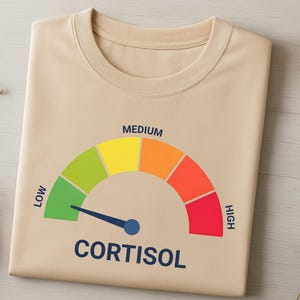 Pu&ograve; includere: Una maglietta beige con un indicatore del livello di cortisolo. L'indicatore va dal verde (basso) al rosso (alto), con la parola "CORTISOL" stampata sotto. La maglietta &egrave; piegata ordinatamente.