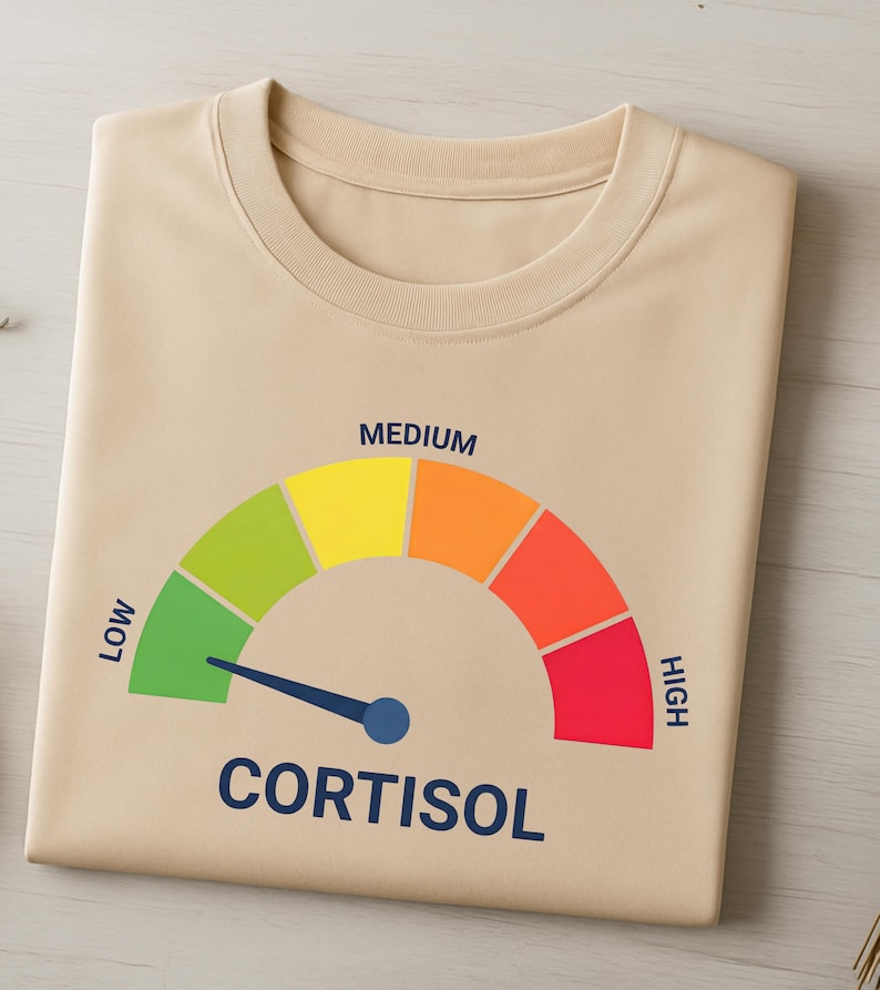 Pu&ograve; includere: Una maglietta beige con un indicatore del livello di cortisolo. L'indicatore va dal verde (basso) al rosso (alto), con la parola "CORTISOL" stampata sotto. La maglietta &egrave; piegata ordinatamente.