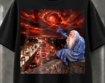 Smoking Wizard Tee, Surreal Highway Wizard Shirt, Fantasy Storm T Shirt