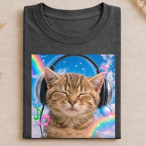 Könnte beinhalten: Ein dunkelgraues T-Shirt mit einem Grafikdruck eines braunen getigerten Kätzchens mit geschlossenen Augen, das einen schwarzen Kopfhörer trägt. Der Hintergrund zeigt einen blauen Himmel mit weißen Wolken, einen Regenbogen, Seifenblasen und bunte Musiknoten.