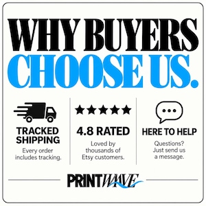 May include: A white informational graphic with the black and blue text WHY BUYERS CHOOSE US. It features three sections: a truck icon for TRACKED SHIPPING, five stars for 4.8 RATED, and a speech bubble for HERE TO HELP. The bottom displays PRINTWAVE.