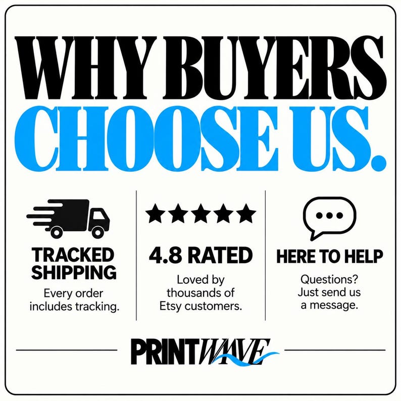 May include: A white informational graphic with the black and blue text WHY BUYERS CHOOSE US. It features three sections: a truck icon for TRACKED SHIPPING, five stars for 4.8 RATED, and a speech bubble for HERE TO HELP. The bottom displays PRINTWAVE.