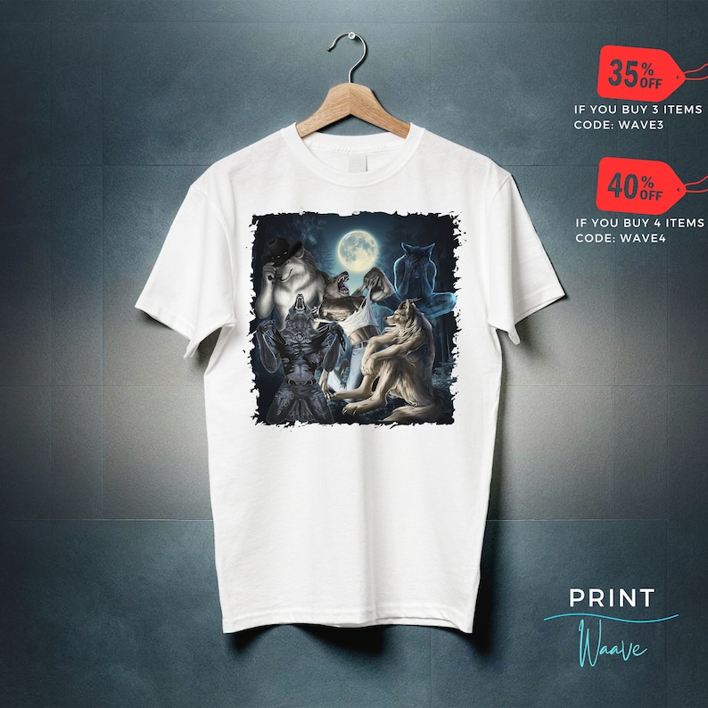 May include: White t-shirt featuring a graphic of werewolves under a full moon. The design includes various werewolf figures in different poses. The shirt is hanging on a wooden hanger against a dark blue background. The text "PRINT Waave" is at the bottom.