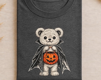 Vampire Teddy Bear Halloween Shirt, Cute Spooky Bear Tee with Pumpkin Trick or Treat Bucket