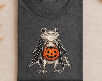 Vampire Frog Halloween Shirt, Cute Spooky Frog Tee with Pumpkin Trick or Treat Bucket