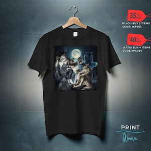 May include: Black t-shirt featuring a fantasy illustration of werewolves under a full moon. The graphic includes several wolf-like creatures in various poses. The shirt also has text that says "PRINT Waave".