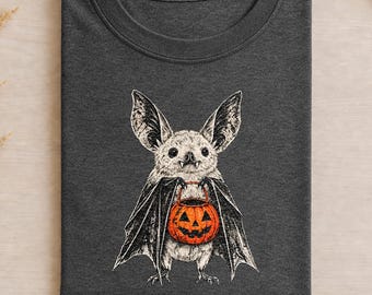 Retro Halloween Bat Shirt, Cute Spooky Bat Tee with Pumpkin Trick or Treat Bucket