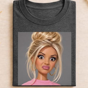 Könnte beinhalten: Ein dunkel anthrazitfarbenes T-Shirt mit Rundhalsausschnitt und einem Grafikdruck einer stilisierten Puppe mit blondem Haar in einem hohen Dutt, großen braunen Augen, rosa Lippen und goldenen Creolen, die ein rosa Oberteil trägt.