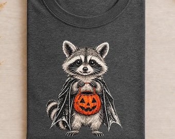 Vampire Raccoon Halloween Shirt, Cute Spooky Raccoon Tee with Pumpkin Trick or Treat Bucket