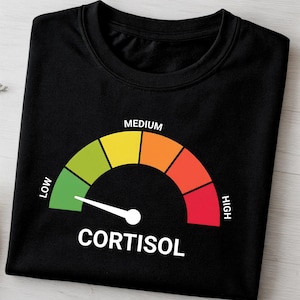 Pu&ograve; includere: T-shirt nera con un design a indicatore del livello di cortisolo. L'indicatore mostra uno spettro di colori dal verde (basso) al rosso (alto), con la parola "CORTISOL" sotto. La maglietta ha un girocollo.