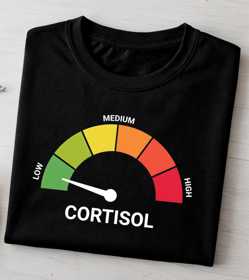 Pu&ograve; includere: T-shirt nera con un design a indicatore del livello di cortisolo. L'indicatore mostra uno spettro di colori dal verde (basso) al rosso (alto), con la parola "CORTISOL" sotto. La maglietta ha un girocollo.