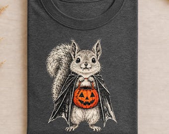 Vampire Squirrel Halloween Shirt, Cute Spooky Squirrel Tee with Pumpkin Trick or Treat Bucket