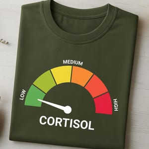 Pu&ograve; includere: T-shirt verde oliva con un design a indicatore che mostra il cortisolo. L'indicatore va da basso ad alto, con colori dal verde al rosso. La parola "MEDIUM" &egrave; in alto.