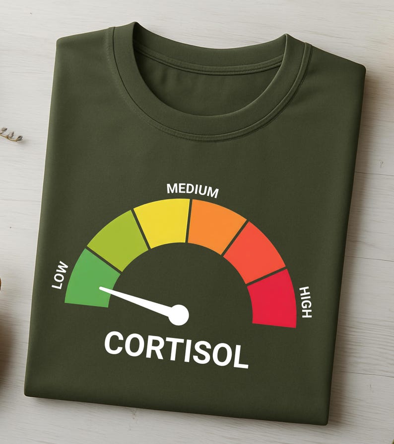 Pu&ograve; includere: T-shirt verde oliva con un design a indicatore che mostra il cortisolo. L'indicatore va da basso ad alto, con colori dal verde al rosso. La parola "MEDIUM" &egrave; in alto.