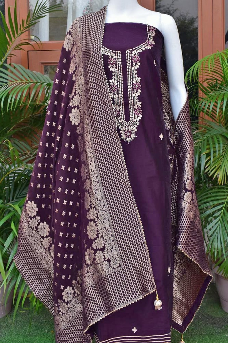 Buy Festive Suits for Diwali, Hand Embroidered Chanderi Suits With Banarasi Dupatta, Party Wear