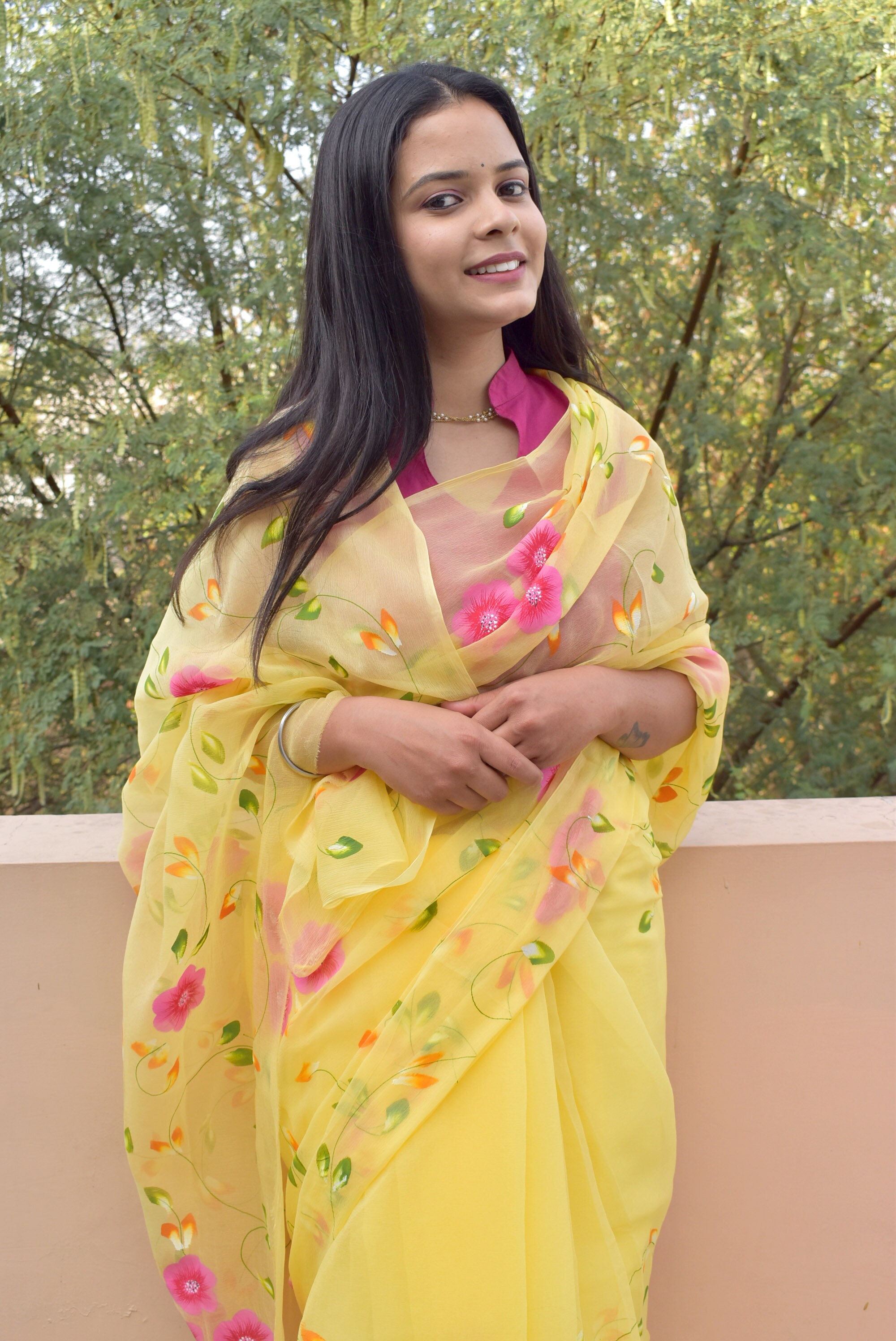 Floral Trail (Handpainted Yellow Pure Chiffon Saree with Mukaish Work)