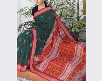 Telar manual de algodón puro - Muñeca Bomkai Saree - Hecho a mano con amor, Saree de algodón tejido a mano de primera calidad, Saree en telar manual, Regalo para ella, Sari