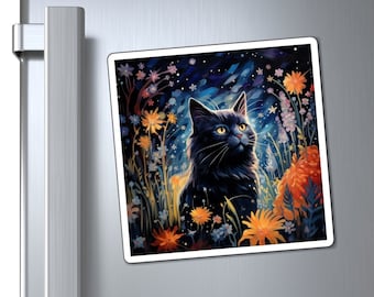 Imán de nevera de gato, imán de gato floral, imán de gato con impresión de arte, imán de gato negro, imán de refrigerador de lavavajillas, decoración de cocina, regalo de amante de los gatos