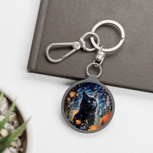 Black Cat Keychain, Floral Cat Keychain, Cute Cat Keychain, Flower Cat Keyring, Art Print Cat Handbag Tag, Backpack Tag, Gift for Cat Lover