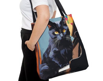 Pianist Cat Tote Bag, Musician Cat Handbag, Piano Music Cat Bag, Canvas Art Print Book Bag, Cat Mom Weekender Shopping Bag, Cat Lover Bag