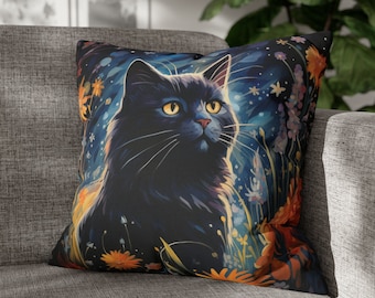 Black Cat Throw Pillow, Floral Cat Pillow, Art Print Cat Pillow, Cat Lover Pillow Case, Cat Mom Throw Pillow, Living Room Cat Sofa Cushion