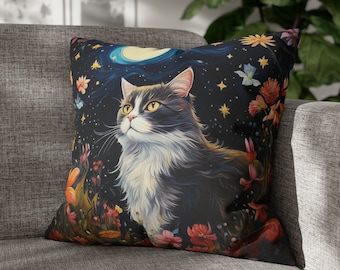 Tuxedo Cat Throw Pillow, Cat Art Print Pillow, Floral Cat Pillow, Cat Lover Pillow Case, Cat Mom Throw Pillow, Living Room Cat Sofa Cushion